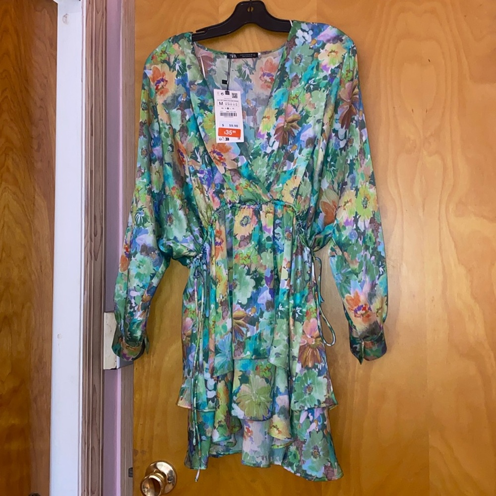 Zara Floral Long Sleeve Dress - Green and Orange